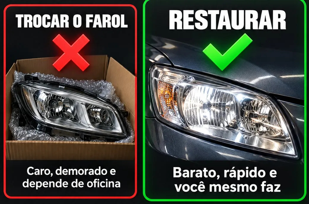 Comparação: trocar o farol é caro e demorado; restaurar é barato, rápido e você mesmo faz